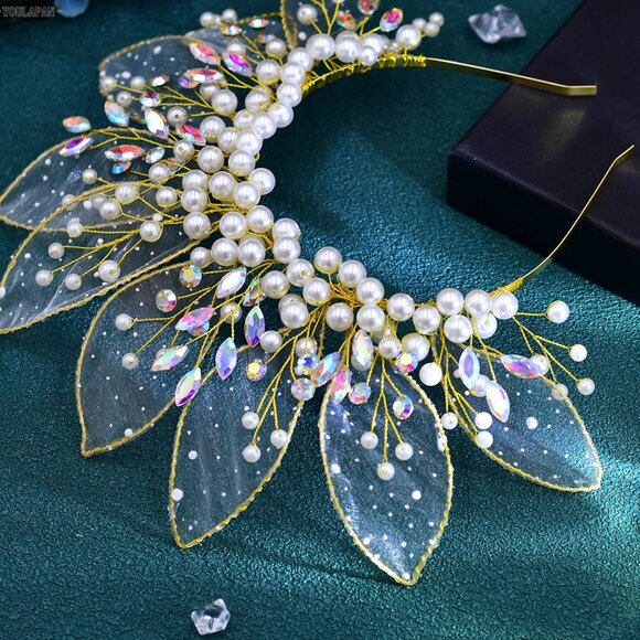 ✨✨Mesh leaf shape pearl fantasy rhinestone crown birthday headdress - Picture 2 of 4